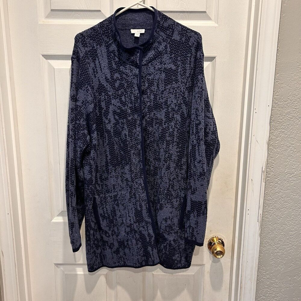 Pure Jill J.‎ Jill Intarsia Jacquard Snap Button Textured Cardigan Blue Large